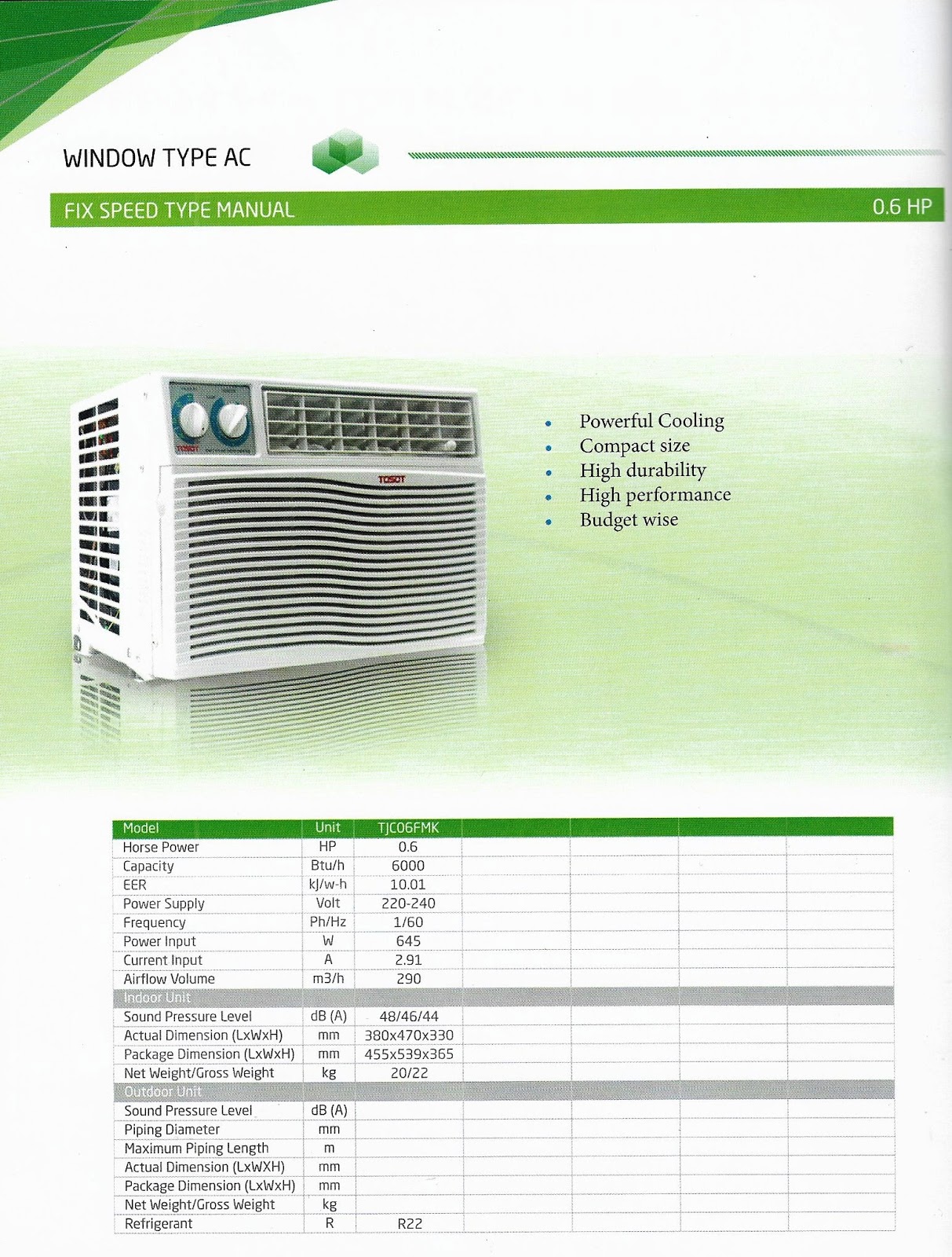 MaximaxSystems.com: TOSOT WINDOW FIX SPEED TYPE MANUAL 0.6HP AIR CON