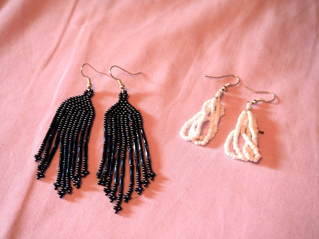 Black and white beaded earrings made by a Mayan woman in Guatemala