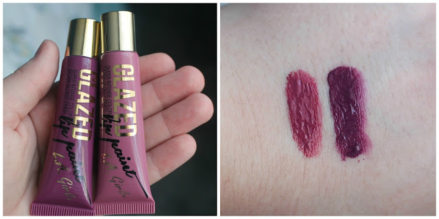 Photograph and swatches of the L.A. Girl Glazed Lip Paints in Blushing and Daring