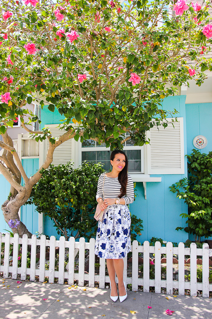 Ann Taylor shoulder button tee Goodnight Macaroon 'Liz' Porcelain Blue Floral Pleated High Waisted A-line Midi Skater Skirt Manolo Blahnik white BB pumps, Pattern Mixing Stripes and floral outfit Summer outfits for petites Tory Burch Kira envelope clutch