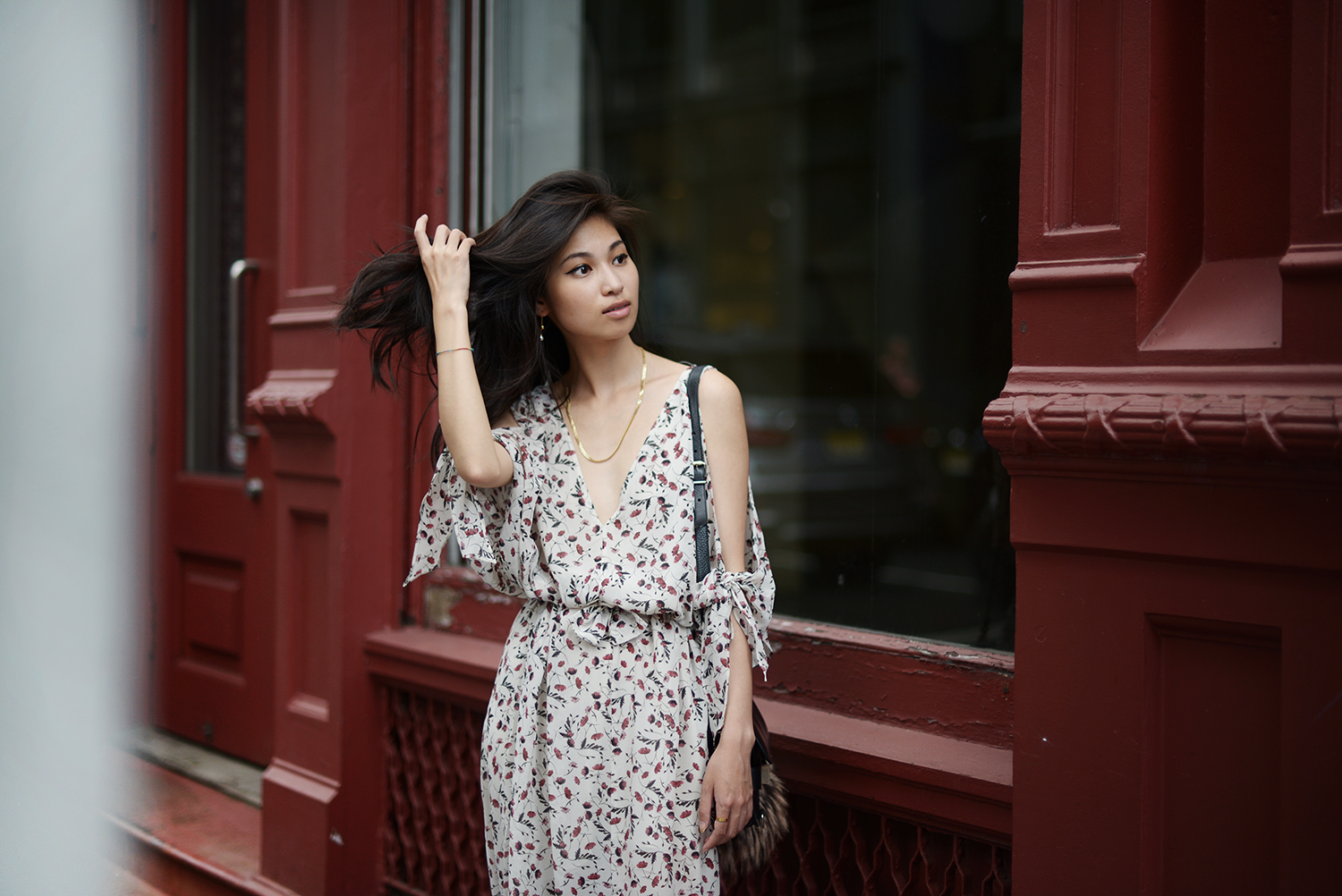 Red Floral Maxi Dress with Sneakers on SoHo, New York / By Association / FOREVERVANNY.com