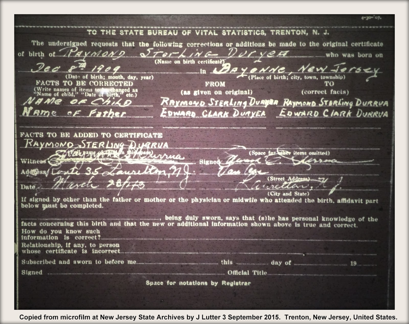 Family History Research by Jody Lutter DURYEA New Jersey Births