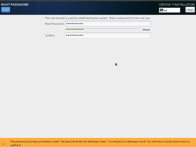 CentOS7 Installation change root password Screenshot
