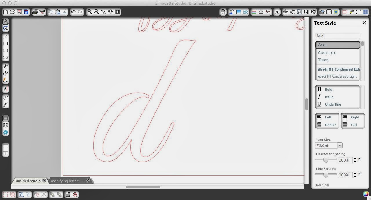 Silhouette Studio screenshot letter d Modify, fonts, Silhouette tutorial, Silhouette Studio, eliminate middles, letter d