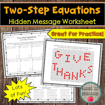 Two-Step Equations Hidden Message Worksheet Thanksgiving