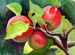 apples tree watercolor painting bunny artwork