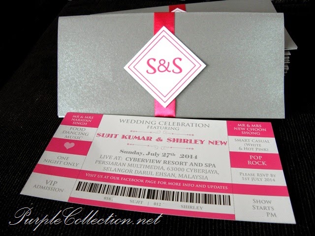 Pink Grey Concert Ticket Wedding Card