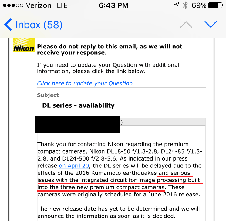 Ответ о камерах Nikon DL от представителей компании