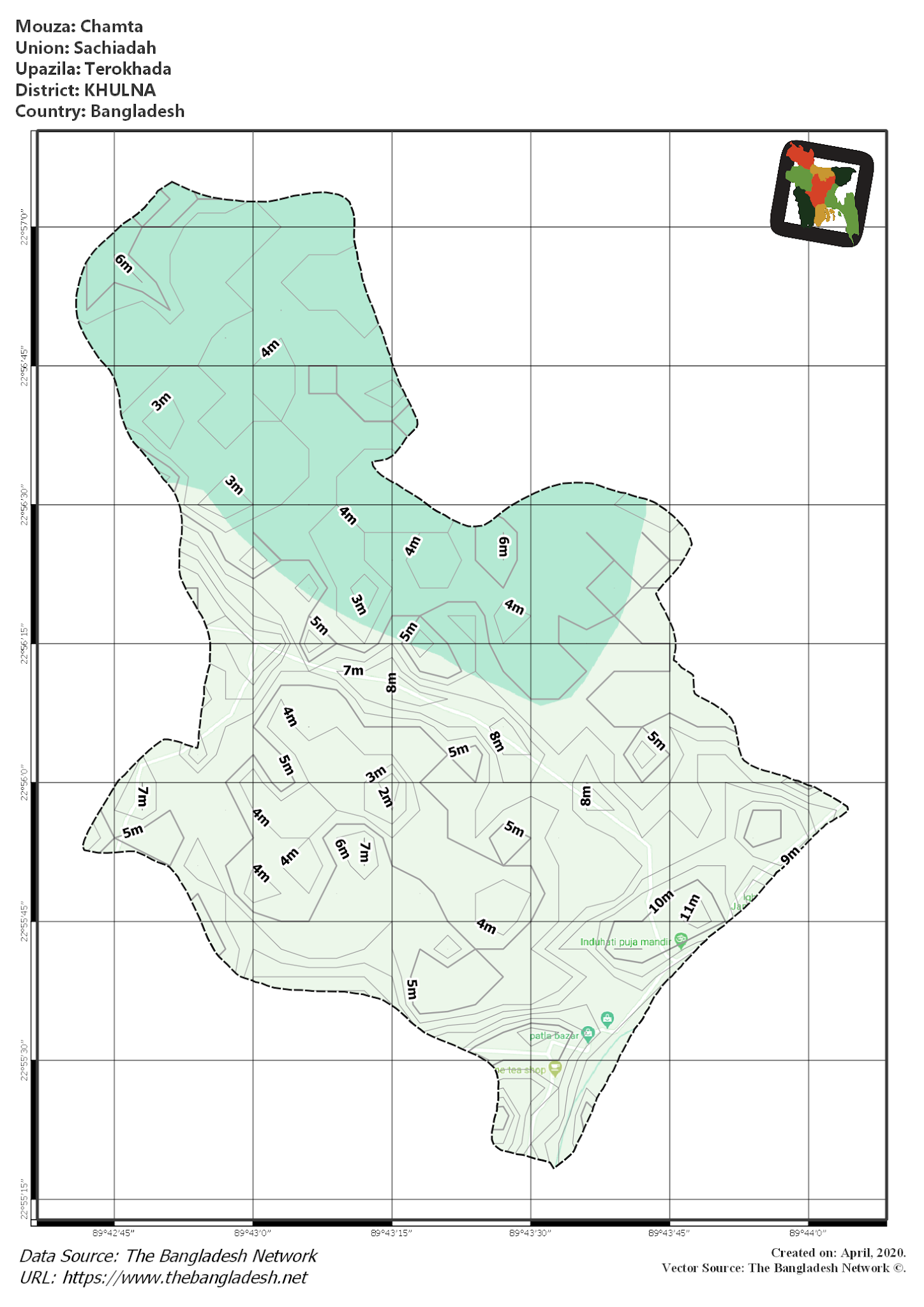 Map of Chamta Mouza of Terokhada Upazila, KHULNA, Bangladesh.