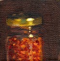 Oil painting of a glass jar containing chillies, topped with a brass-coloured lid.