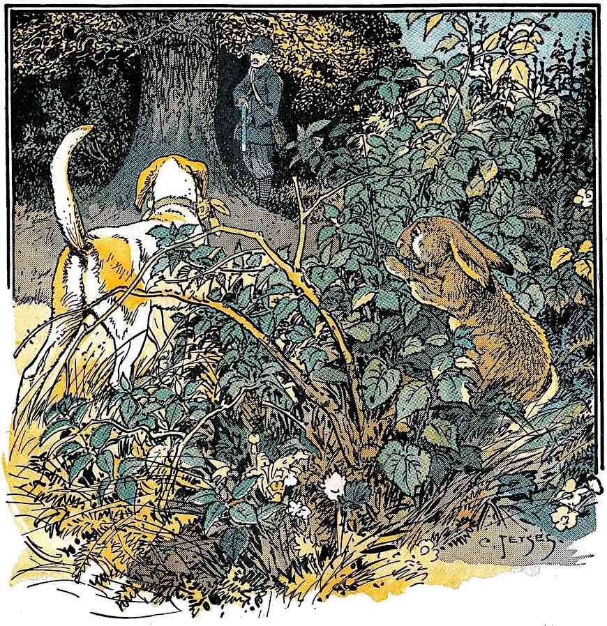 old Dutch children's book an illustration from an old Dutch children's book, a rabbit hides from a hunter and dog