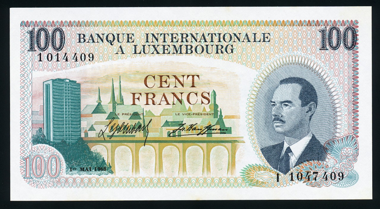 Luxembourg currency 100 Francs banknote of 1968 Banque Internationale à