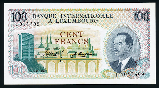 Luxembourg money 100 Francs banknote