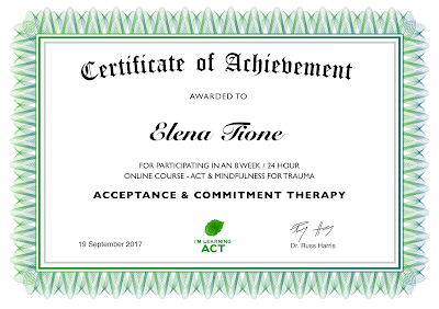 Elena Tione | Coaching in ACT & Mindfulness for Trauma, con, e diretto da, il Dr. Russ Harris, MD, PhD (Acceptance and Commitment Therapy) tramite l'Institute for the Advancement of Human Behavior, anno 2017 Elena Tione | Coaching in ACT & Mindfulness for Trauma, con, e diretto da, il Dr. Russ Harris, MD, PhD (Acceptance and Commitment Therapy) tramite l'Institute for the Advancement of Human Behavior, anno 2017