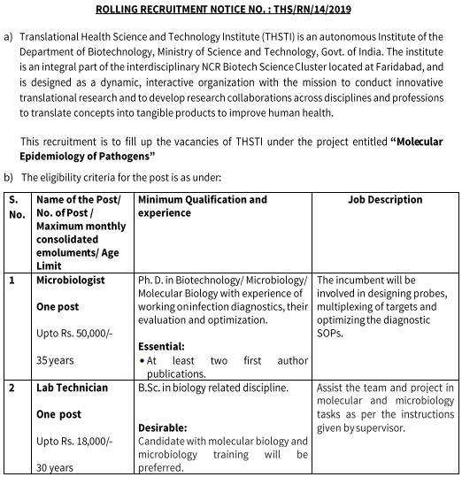 Molecular Epidemiology of Pathogens THSTI Microbiologist/Lab