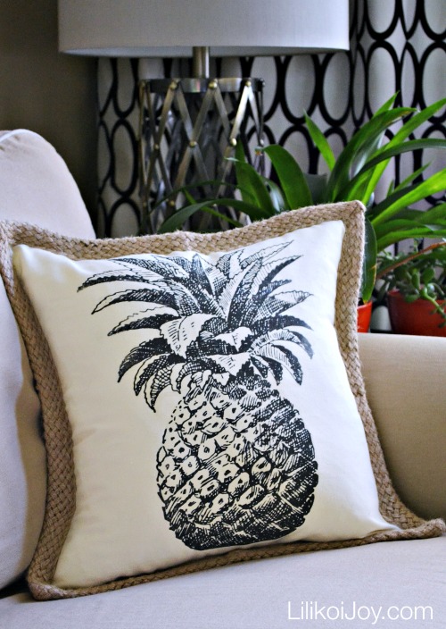 DIY Tropical Pineapple Pillow Cover. This project is so easy and inexpensive! Use any graphic to create a custom look!