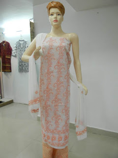Lucknowi Chikan white pink Cotton Dress Material