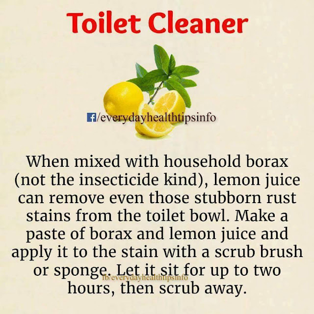 Toilet Cleaner When mixed with household borax (not the insecticide kind), lemon juice can remove even those stubborn rust stains from the toilet bowl. Make a paste of borax and lemon juice and apply it to the stain with a scrub brush or sponge. Let it sit for up to two hours, then scrub away.