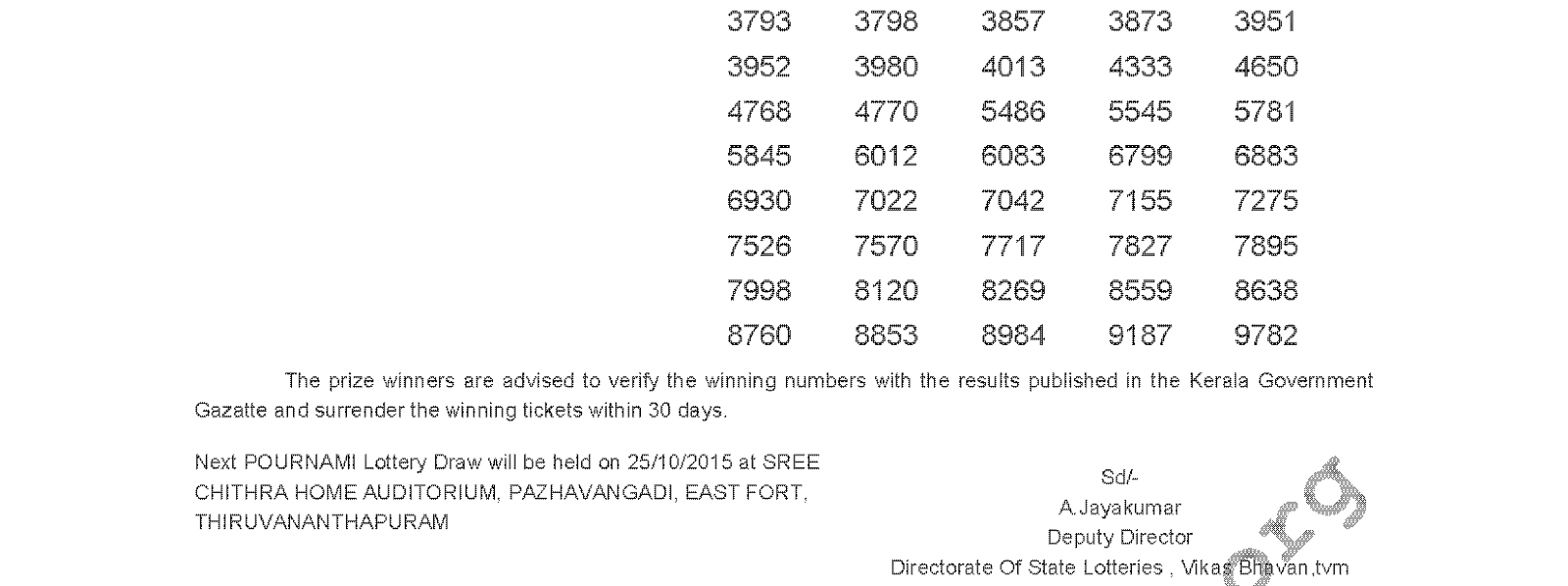 POURNAMI Lottery RN 207 Result 18-10-2015