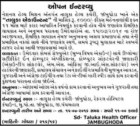 National Health Mission, Jambughoda Recruitment 2016 for Taluka Accountant