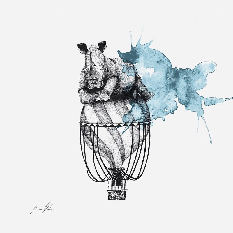 09-Rhino-on-a-hot-air-balloon-Surreal-Animals-Mostly-Ink-Drawings-www-designstack-co