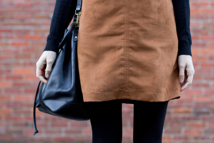 Vancouver Style Blogger, Alison Hutchinson, is wearing a tan suede Sanctuary clothing dress, black Vince Ankle boots and a blak leather madewell bucket bag