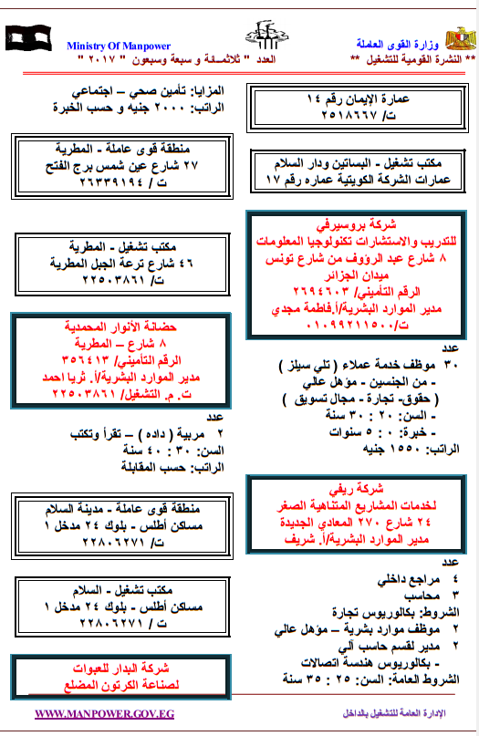 وظائف وزارة القوى العاملة لجميع المؤهلات " عليا - دبلومات - عمال وفنيين " 3056 وظيفة برواتب تصل 5000 جنيه - اضغط للتقديم هنا وظائف وزارة القوى العاملة لجميع المؤهلات " عليا - دبلومات - عمال وفنيين " 3056 وظيفة برواتب تصل 5000 جنيه - اضغط للتقديم هنا