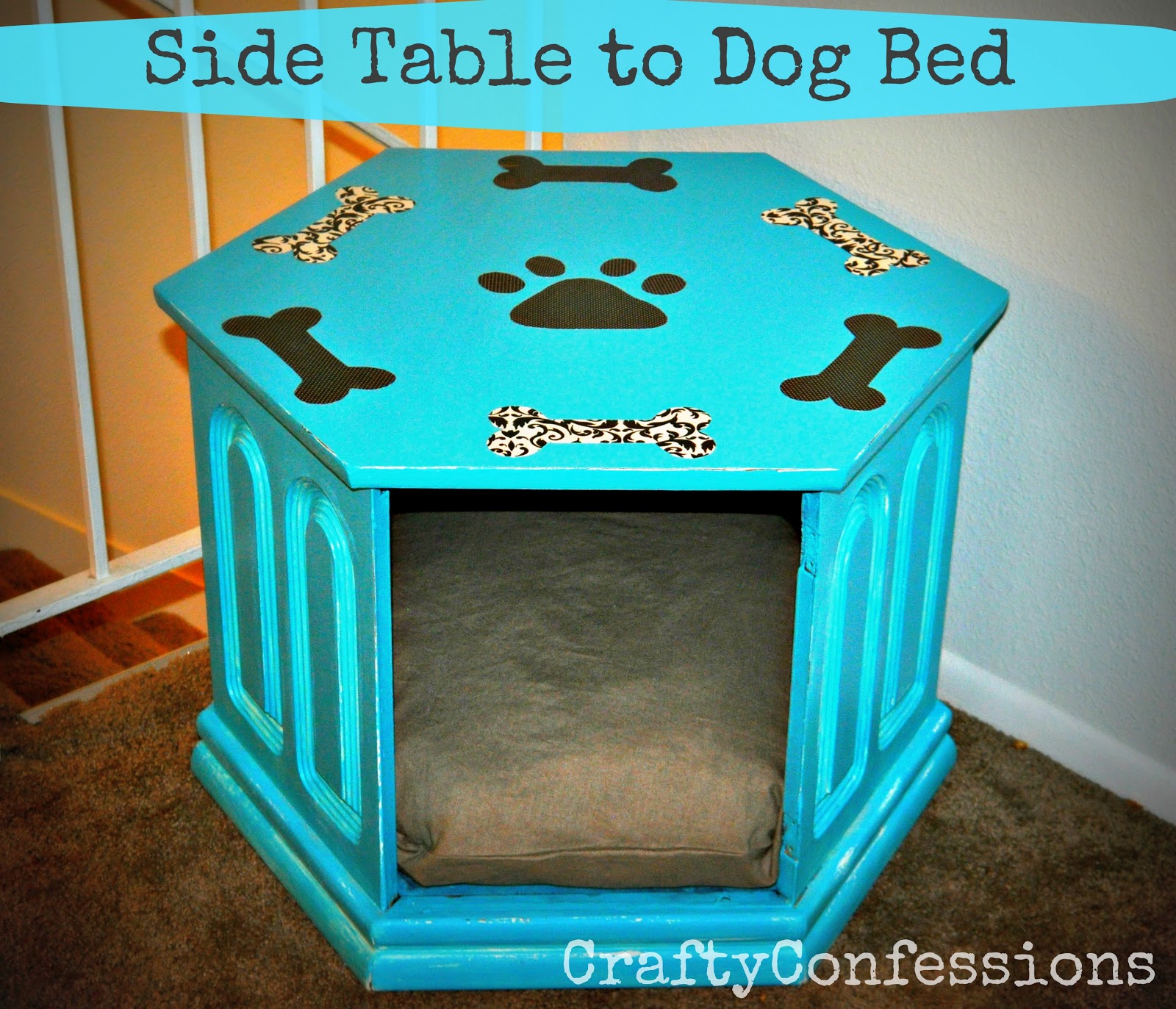 Crafty Confessions of a Brainy Mom Repurposed Side Table to Chic Dog Bed