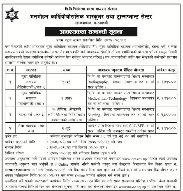 Job Vacancy at Tribhuvan University Institute of Medicine,