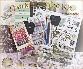 Scraps of Darkness Scrapbook kits August 2017 Sparkle & Shine Kit, featuring Prima Rose Quartz and Simple Stories Beautiful, in pink and black.