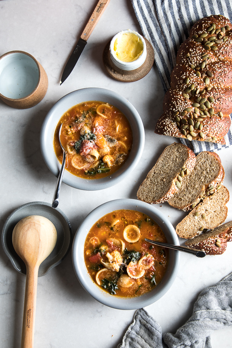 Flourishing Foodie Butter Onion Tomato Soup with Pasta and Parmesan
