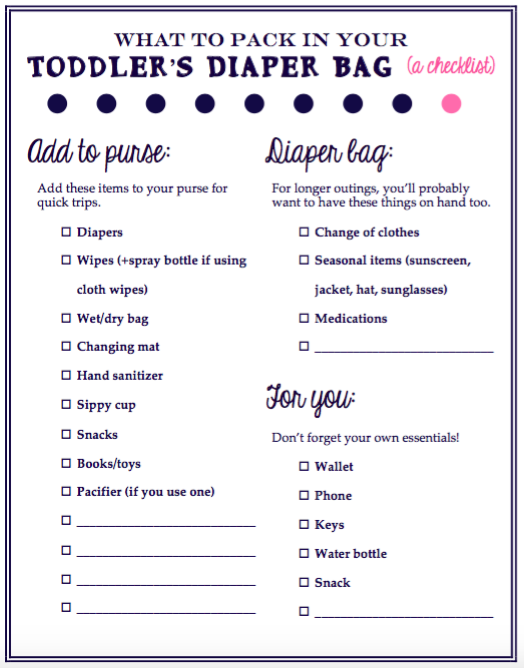 A free printable checklist of everything to include in a toddler's diaper bag. This website also includes pictures of everything I keep in my diaper bag, and how I avoid carrying a diaper bag on short trips by packing the essentials in a wet/dry bag and carrying it in my purse.