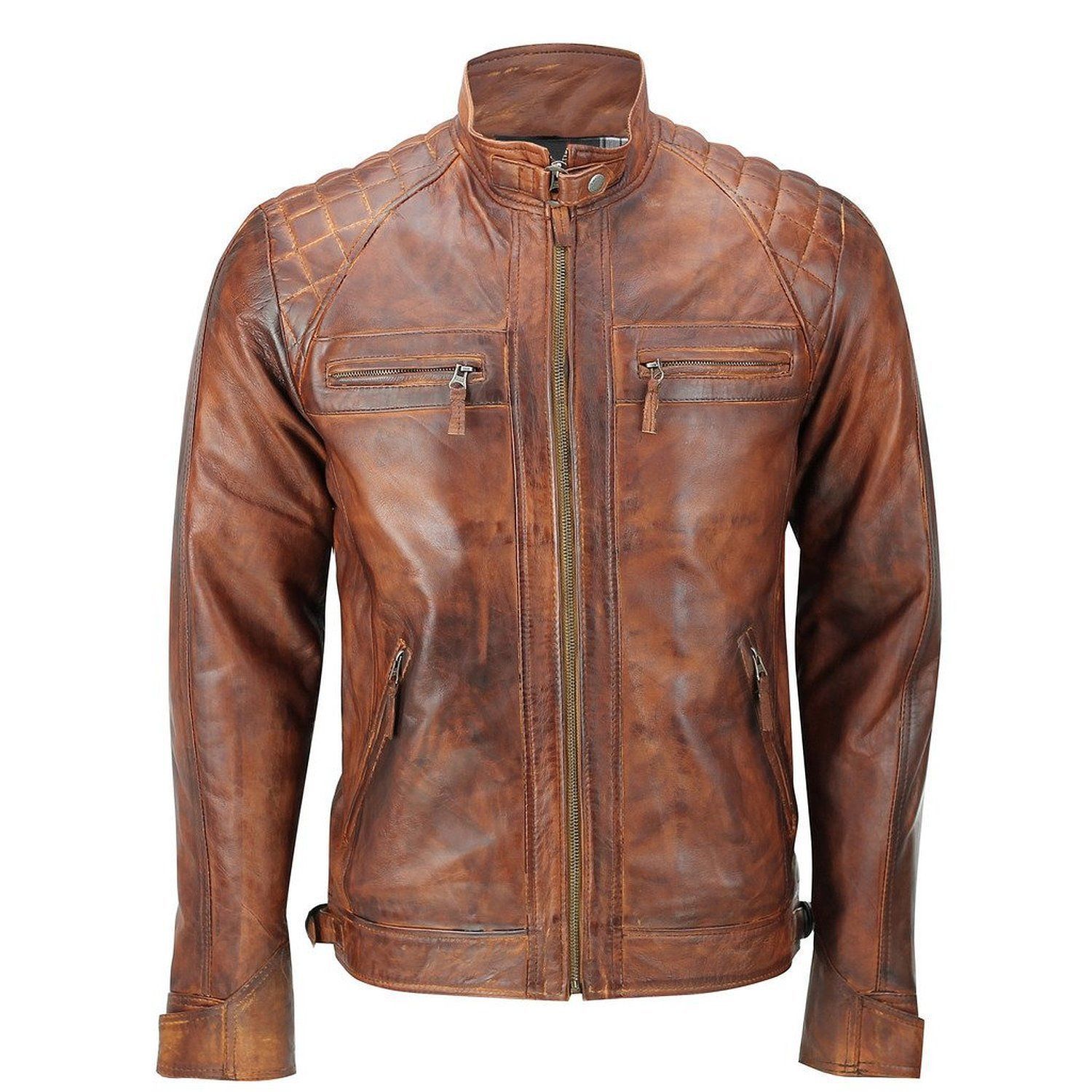 Men's Distressed Tan Slim Casual Waxed Leather Jacket