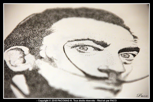Dessins Salvador Dali en technique pointillisme, par Paco illustrateur Graphiste vue détaillé bouche moustache sur le dessins de Salvador Dali en pointillisme, par Paco illustrateur Graphiste