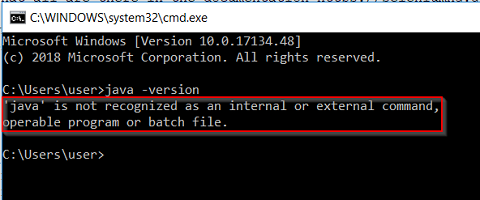 'java' is not recognized as an internal or external command, operable program or batch file.