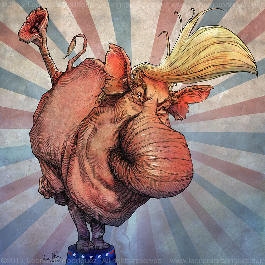 cartoon drawing of Trump as elephant with trunk/mouth coming out of his butt, by Leonardo Rodriguez