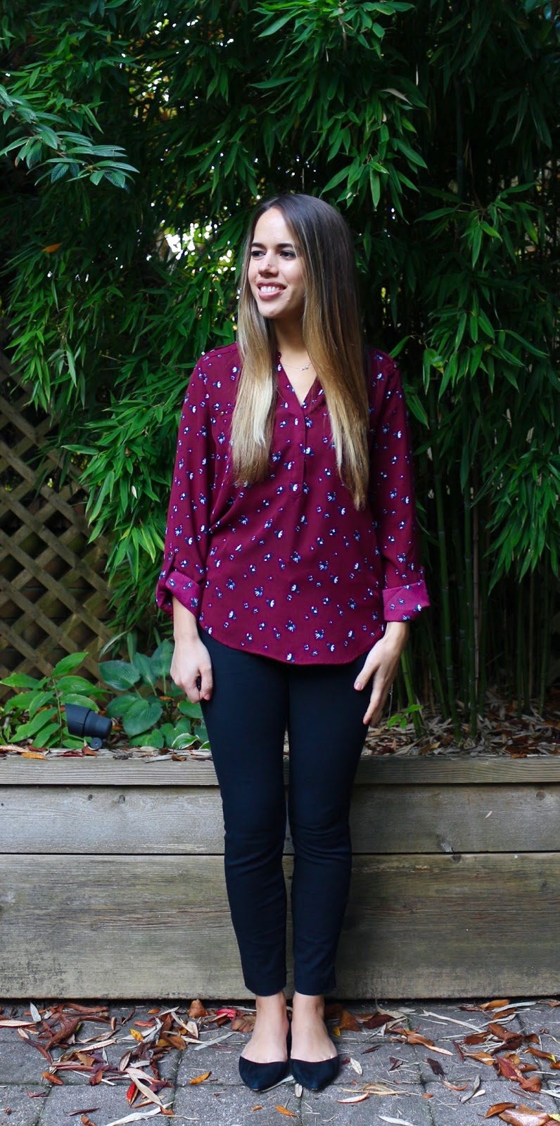 Jules in Flats - Burgundy Blouse with Black Pants (Business Casual Fall Workwear on a Budget)