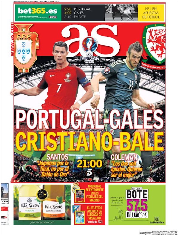 Eurocopa, AS: "Portugal-Gales, Cristiano-Bale"