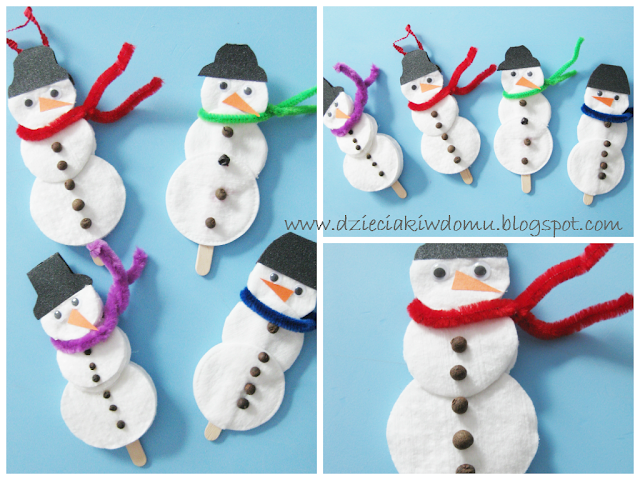 Bałwanki z płatków kosmetycznych na patyczkach