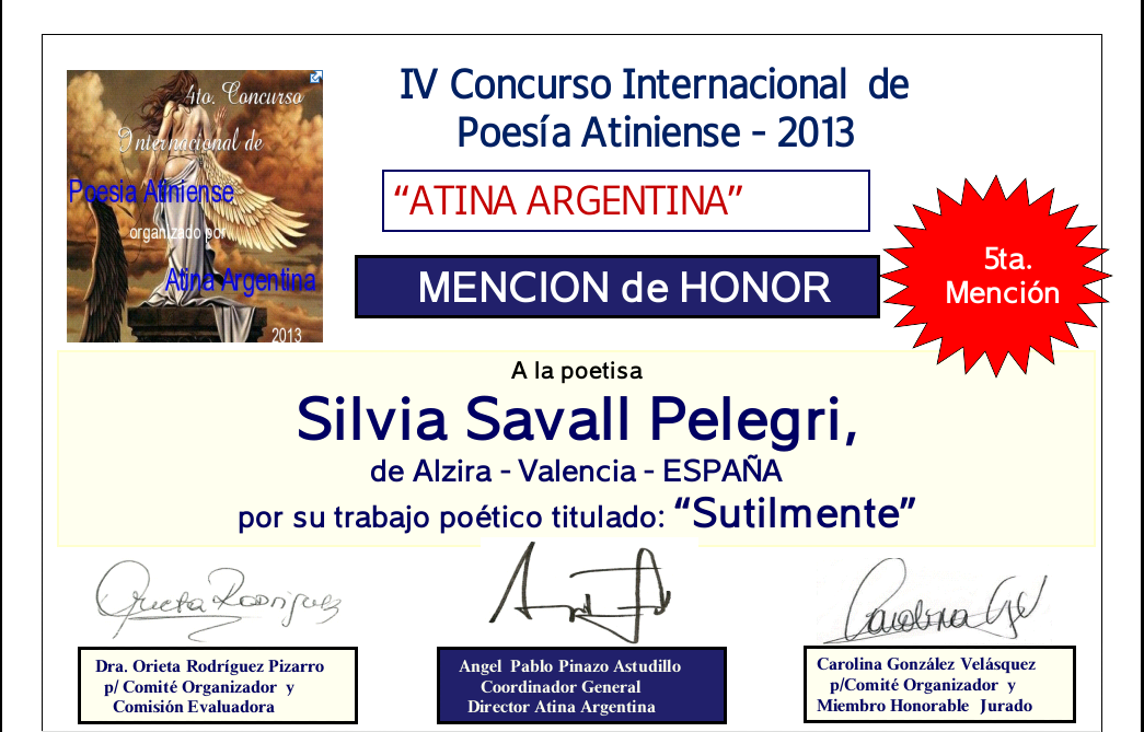 Mención de honor  "Atina Argentina 2013"