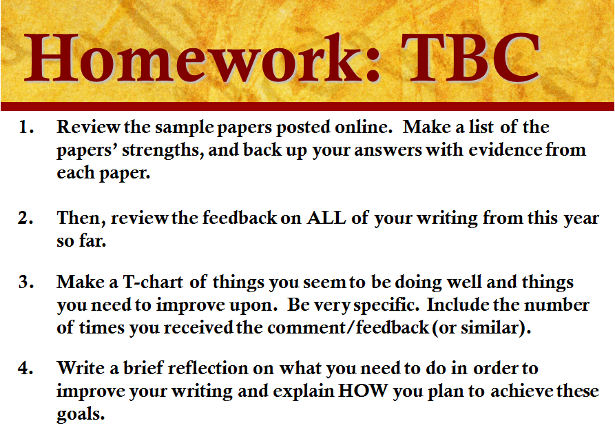 11th Grade Homework Writing Reflection Due Thursday, 1/11!