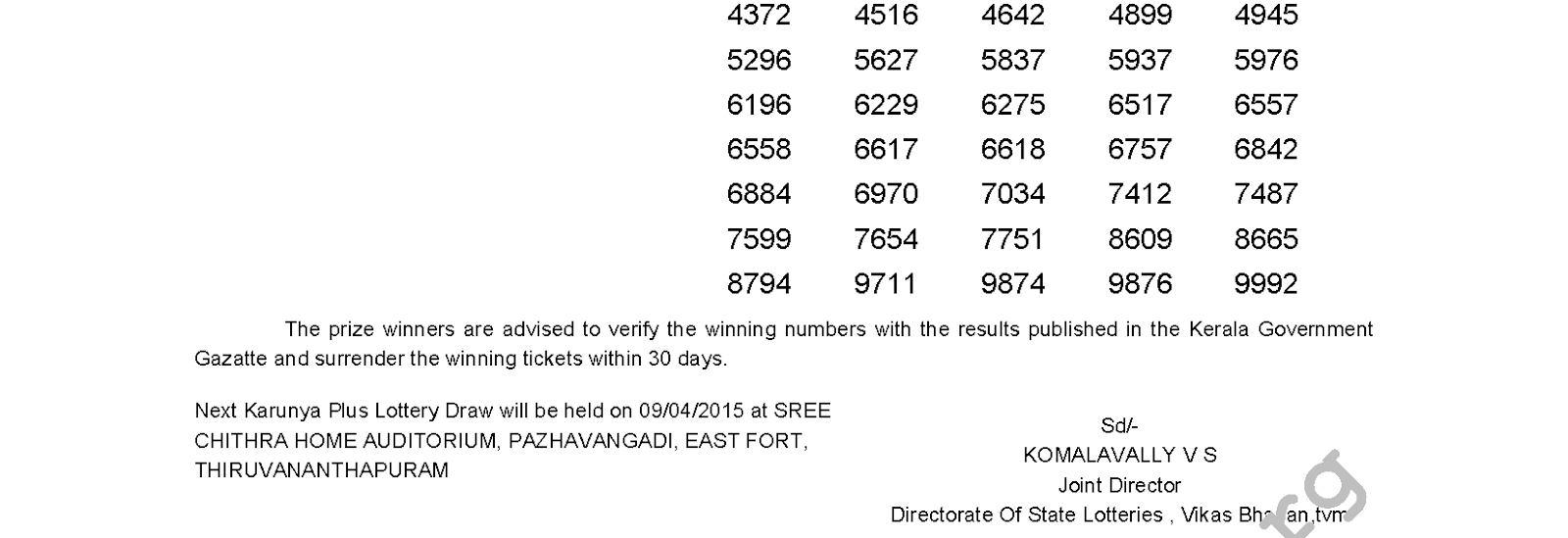 Karunya Plus Lottery KN 51 Result 2-4-2015