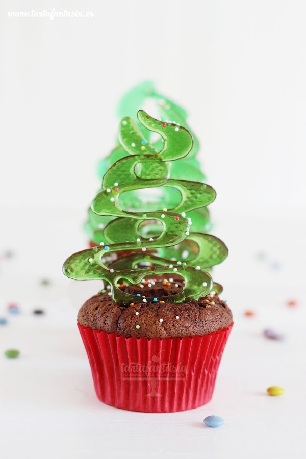 cupcakes con árbol de navidad de cristal comestible