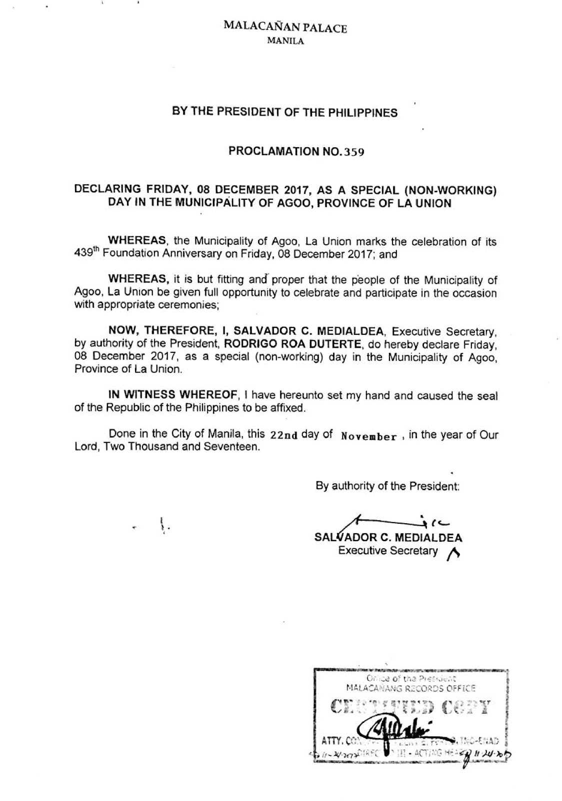 Philippine Holidays Special (NonWorking) Day in Agoo, La Union on
