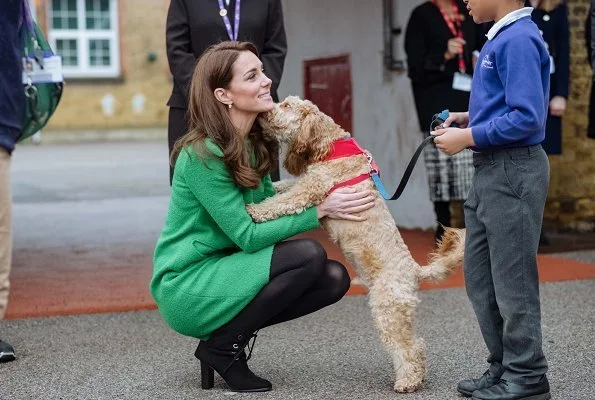 Kate Middleton wore Eponine London green dress, L.K. Bennett Marissa boots, KIKI McDonough Lauren earrings