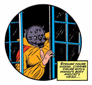 Batman (1940) #3 Page 41 Panel 2: Cat-Woman makes her "debut" as a woman who has a head that looks like an actual cat's.