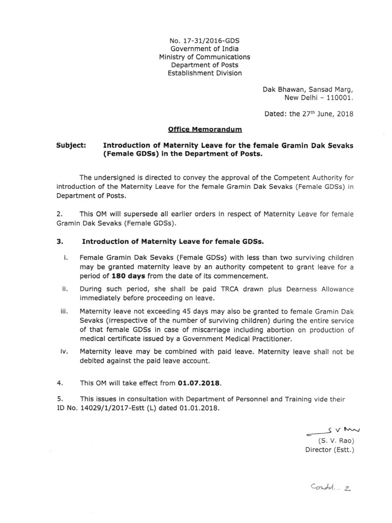 Maternity Leave for the female Gramin Dak Sevaks (Female GDS) in the Department of Posts