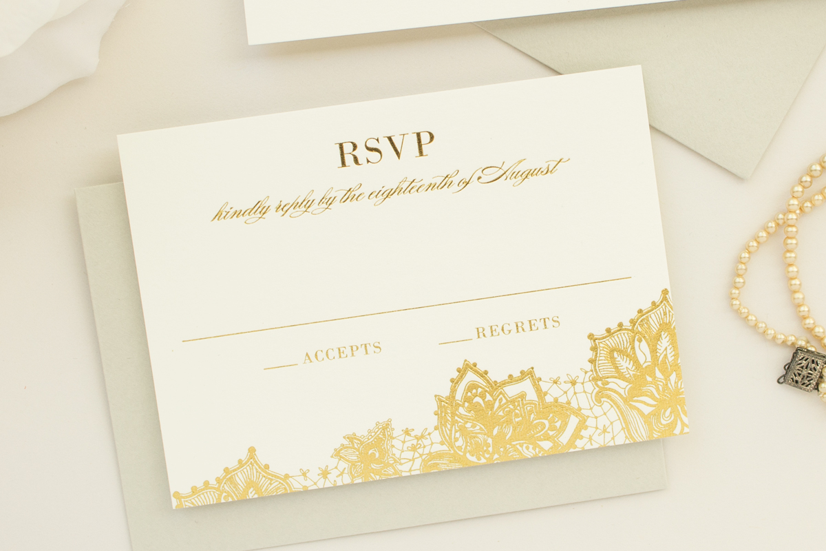 Gold Foil and Blind Letterpress Lace Wedding Invitation Suite: Delicate - Banter and Charm