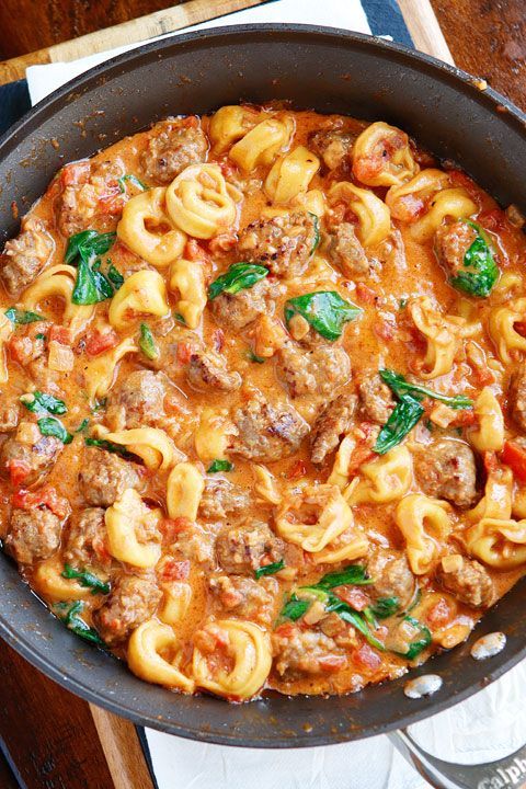 A quick and easy tortellini recipe with cheese tortellini, Italian sausage, and a creamy tomato sauce.