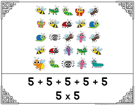 Here is one of the free posters in this set showing the repeated addition to break 25 into five rows, each with 5 bugs! A perfect square!